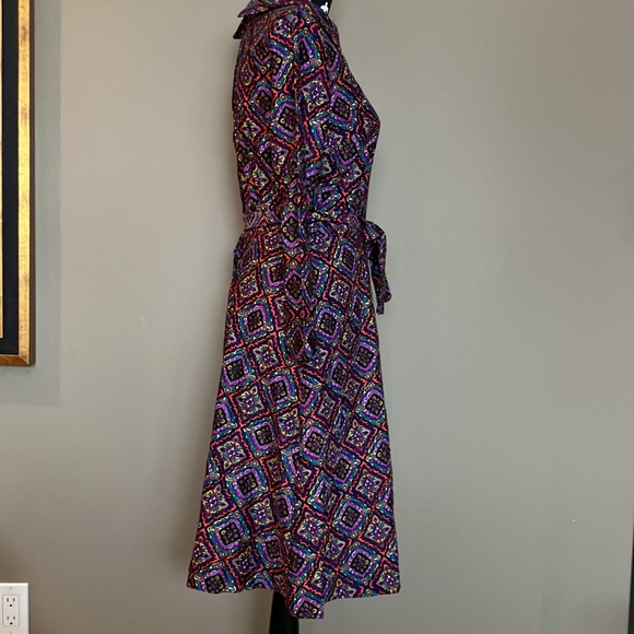 🦩Vintage purple navy yellow blue orange white teal patterned dress w/collar - Picture 5 of 12